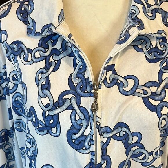 SanSoleil blue and white chainlink UPF 50+ sun protection 1/4 zip top, L! - Picture 3 of 10